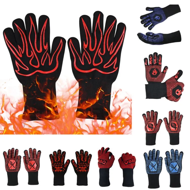 1 Pair High Temperature Resistant Silicone BBQ Gloves  Anti-Scalding Gloves(Flame Dots  Black)