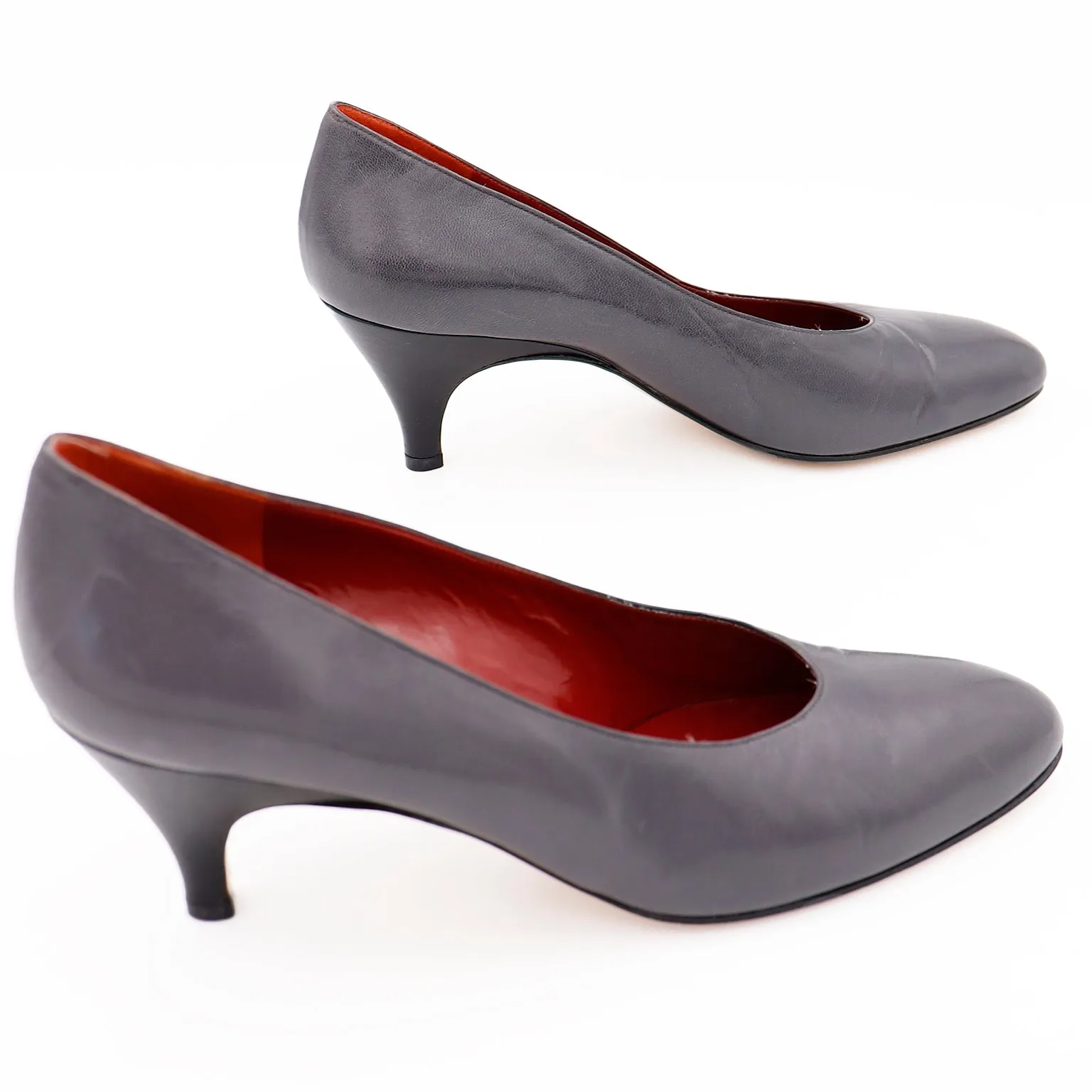 1980s Yves Saint Laurent Grey Leather Pumps W Black Heels