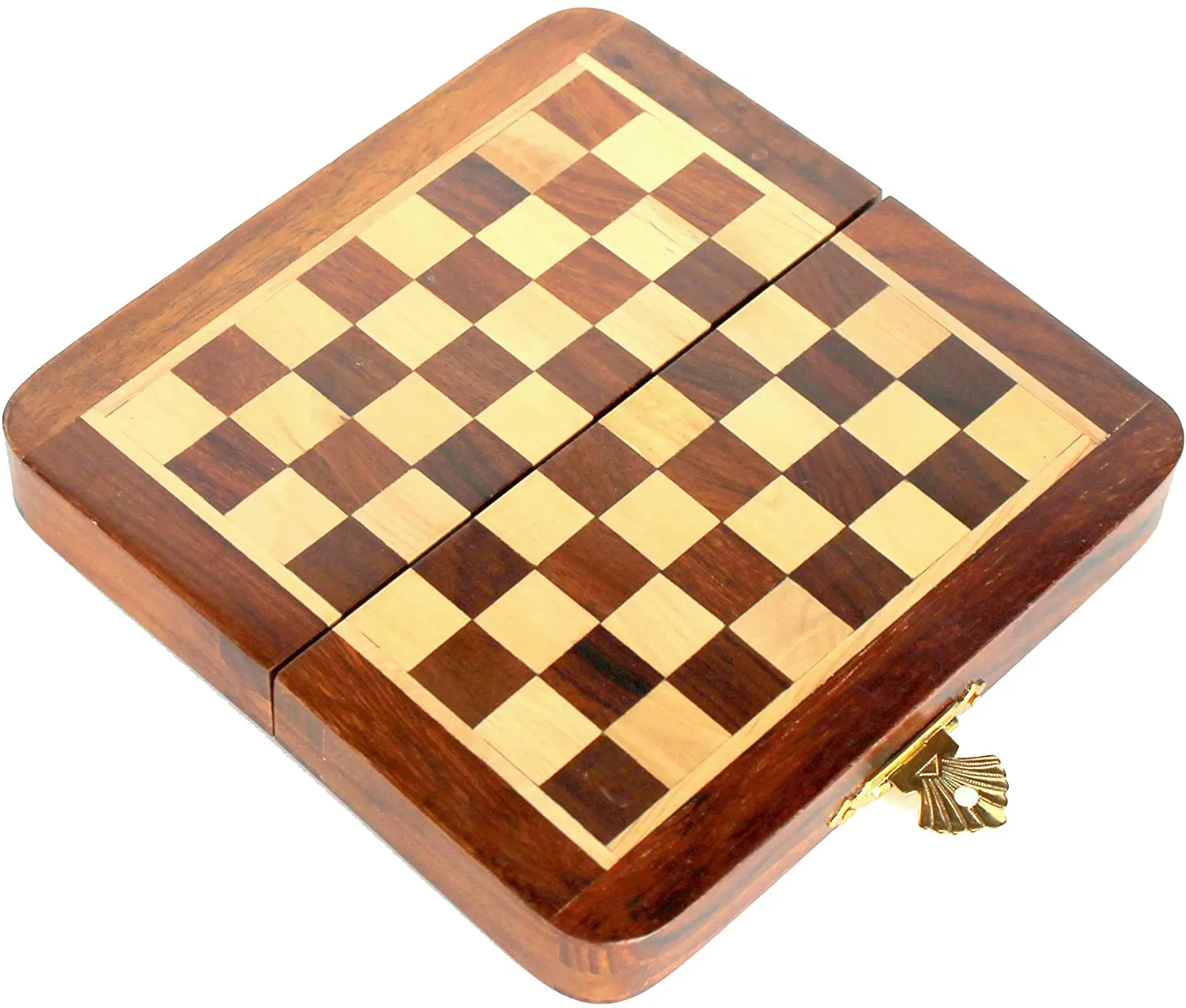 Acacia Wood Foldable Magnetic Chess Game Board with Storage Slots 7 Inch