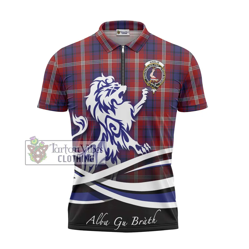 Ainslie Tartan Zipper Polo Shirt with Alba Gu Brath Regal Lion Emblem