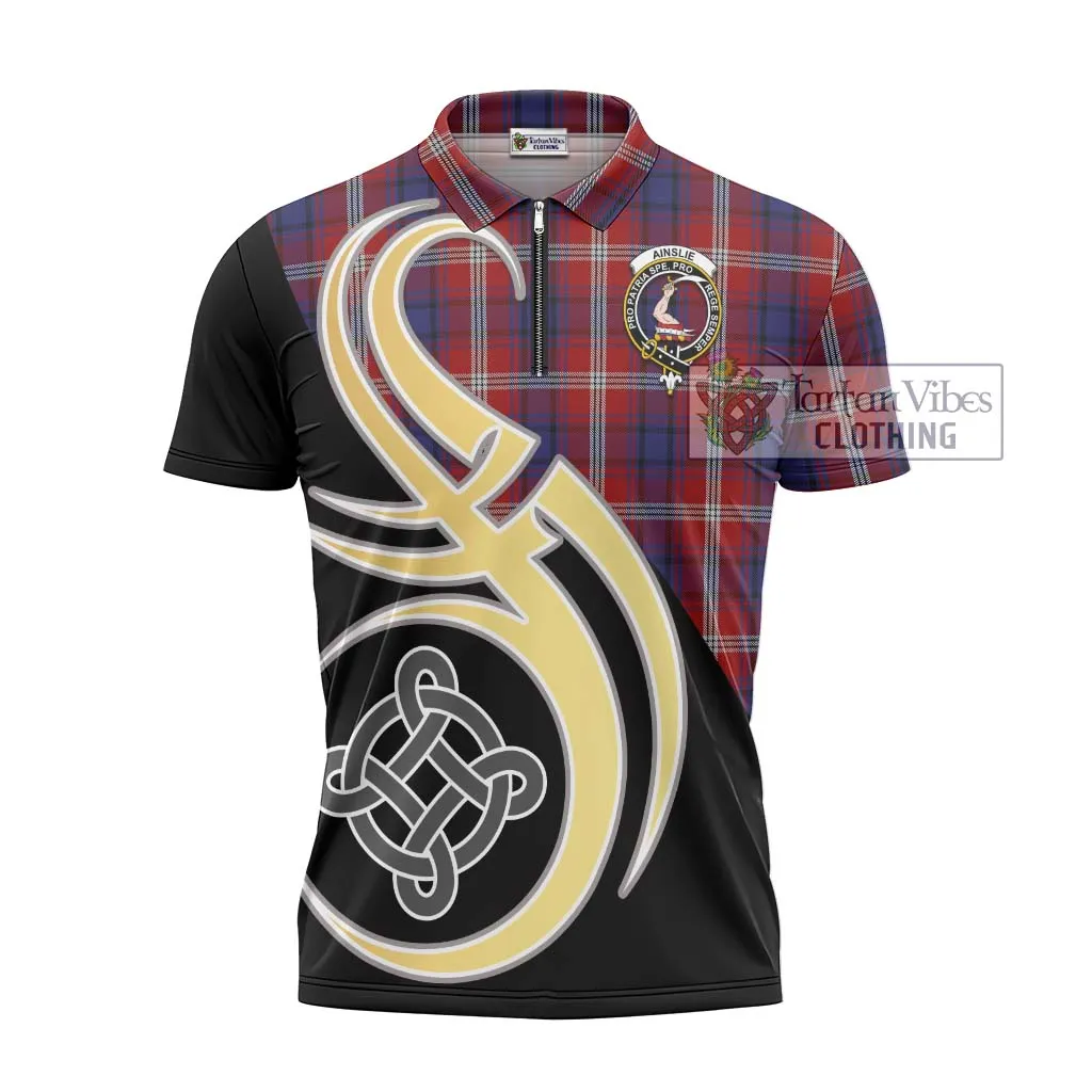 Ainslie Tartan Zipper Polo Shirt with Family Crest and Celtic Symbol Style