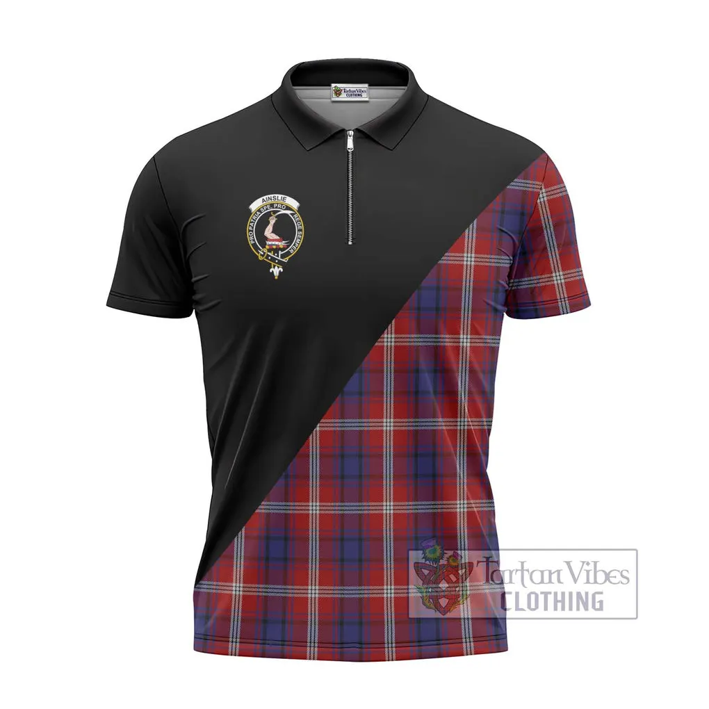 Ainslie Tartan Zipper Polo Shirt with Family Crest and Military Logo Style