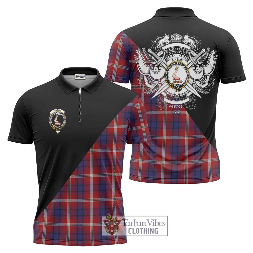 Ainslie Tartan Zipper Polo Shirt with Family Crest and Military Logo Style