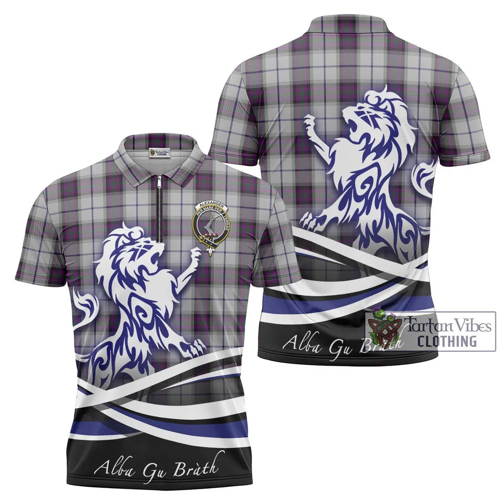 Alexander of Menstry Dress Tartan Zipper Polo Shirt with Alba Gu Brath Regal Lion Emblem