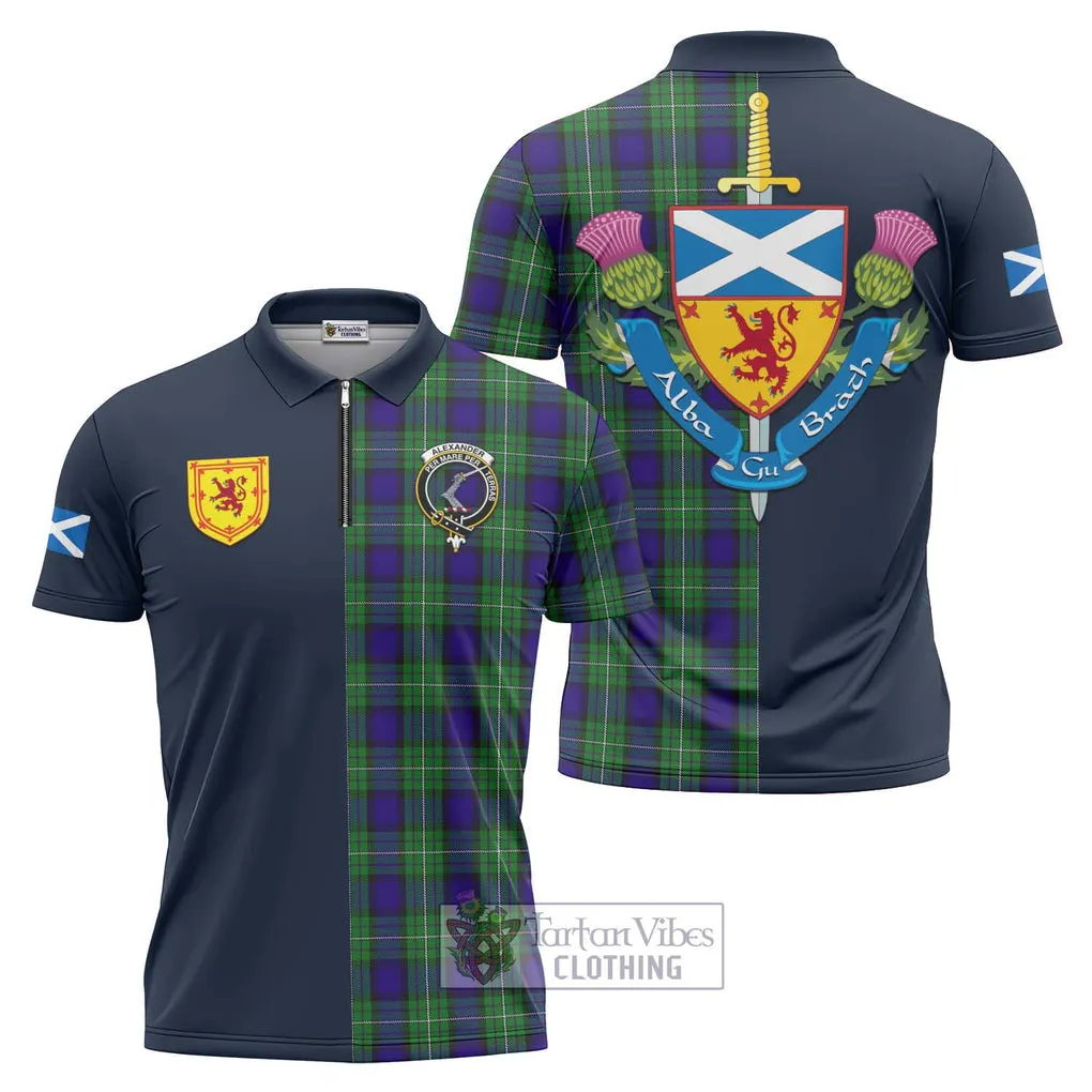 Alexander Tartan Zipper Polo Shirt Alba with Scottish Lion Royal Arm Half Style