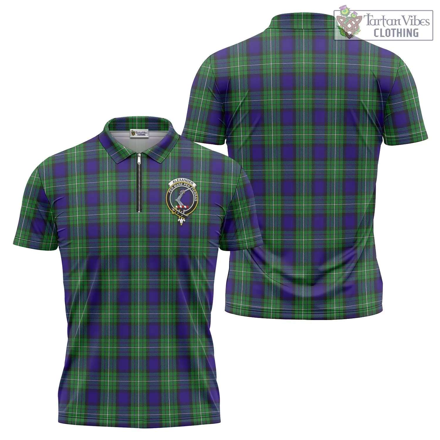 Alexander Tartan Zipper Polo Shirt with Family Crest