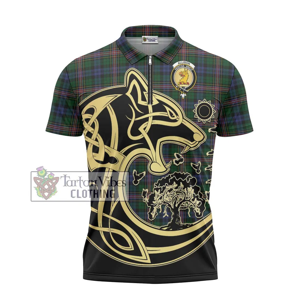 Allison Tartan Zipper Polo Shirt with Family Crest Celtic Wolf Style