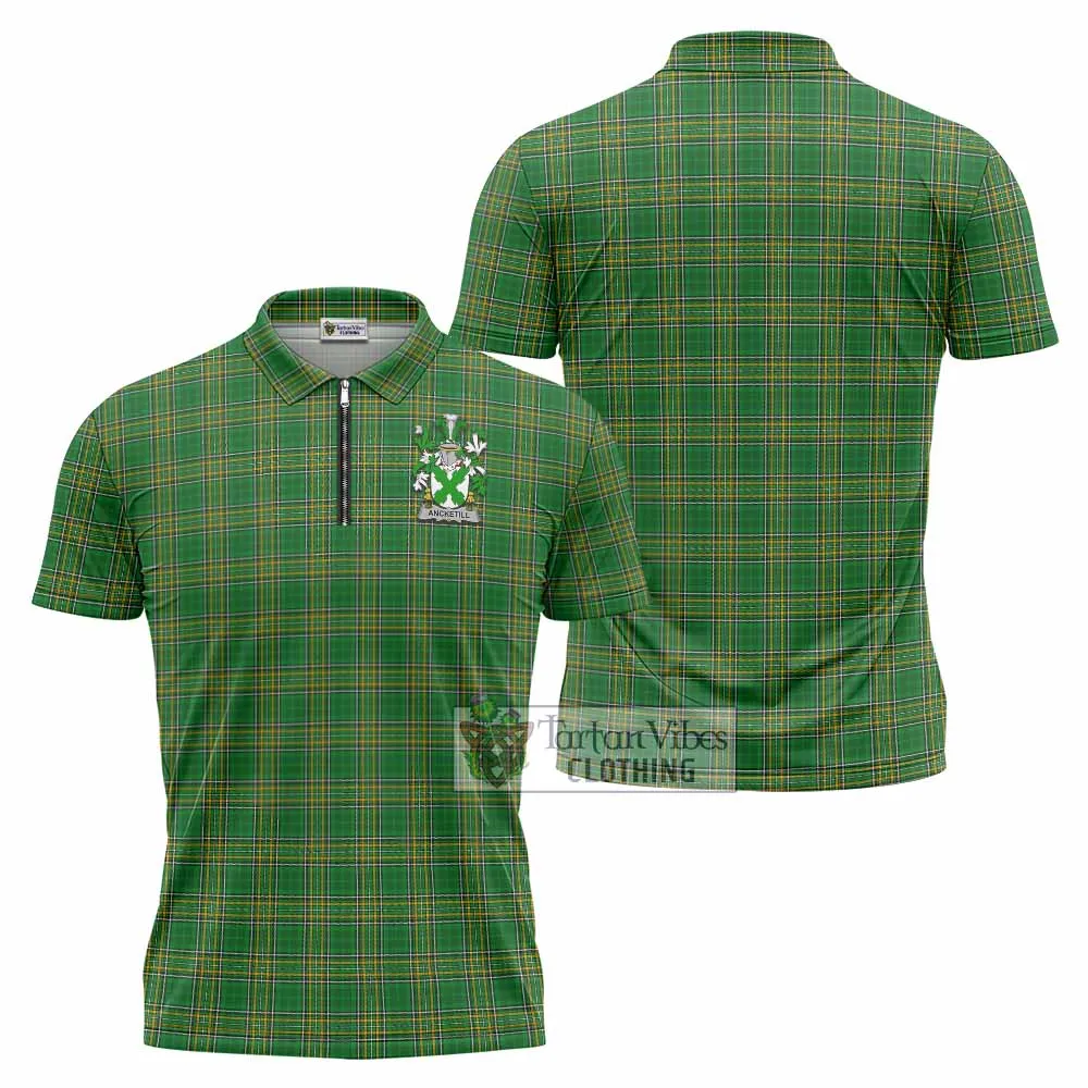 Ancketill Irish Clan Tartan Zipper Polo Shirt with Coat of Arms