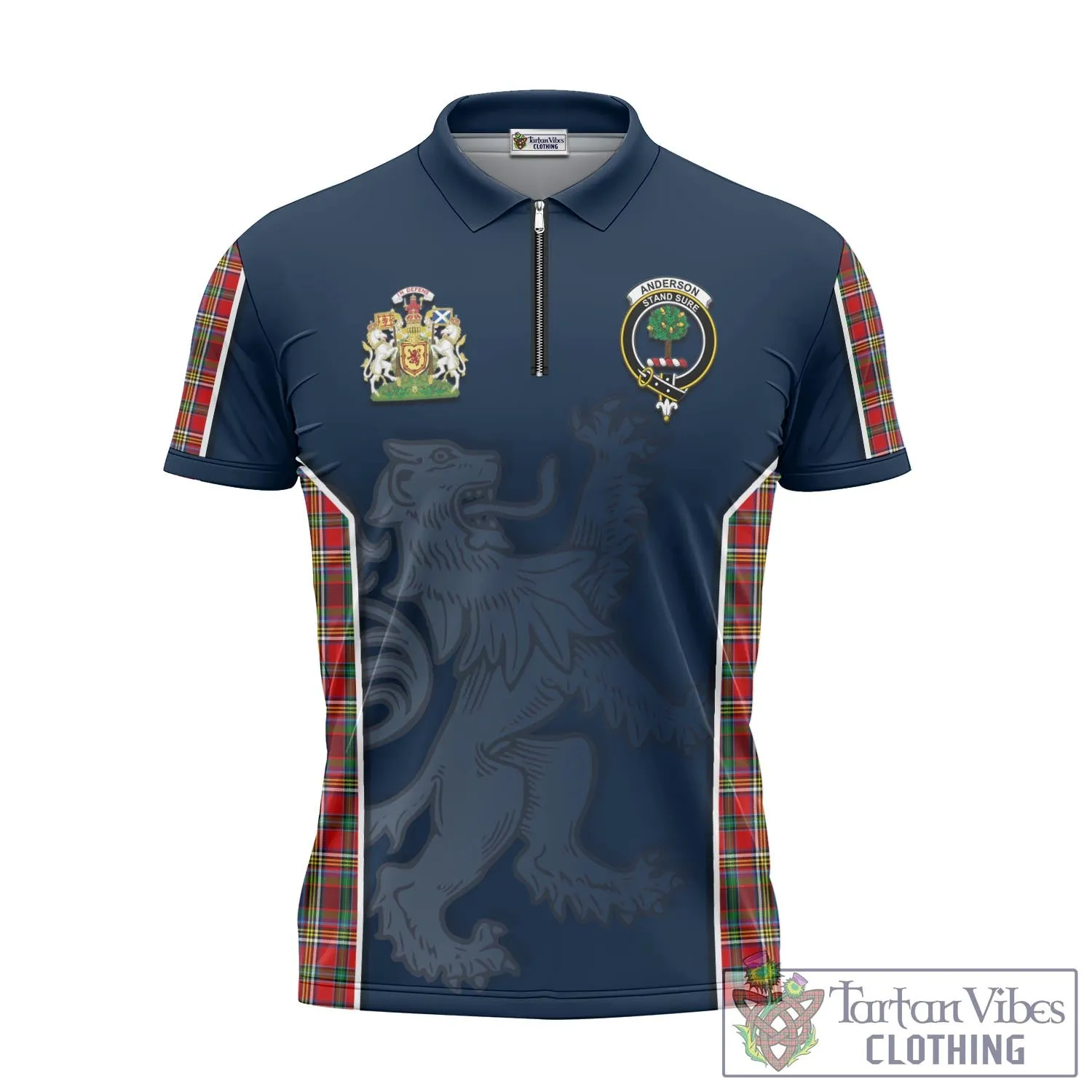 Anderson of Arbrake Tartan Zipper Polo Shirt with Family Crest and Lion Rampant Vibes Sport Style