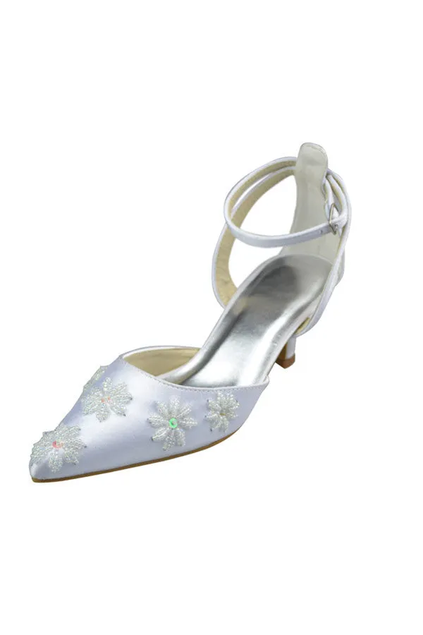 Ankle Strap Pointed Toe Handmade White Prom Shoes With Flowers S83