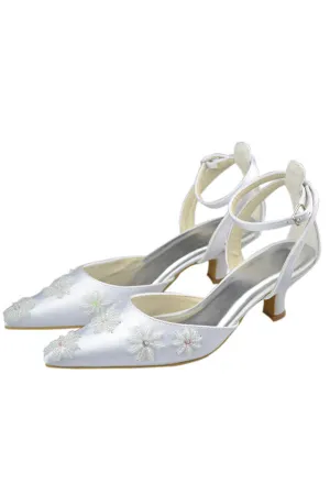 Ankle Strap Pointed Toe Handmade White Prom Shoes With Flowers S83