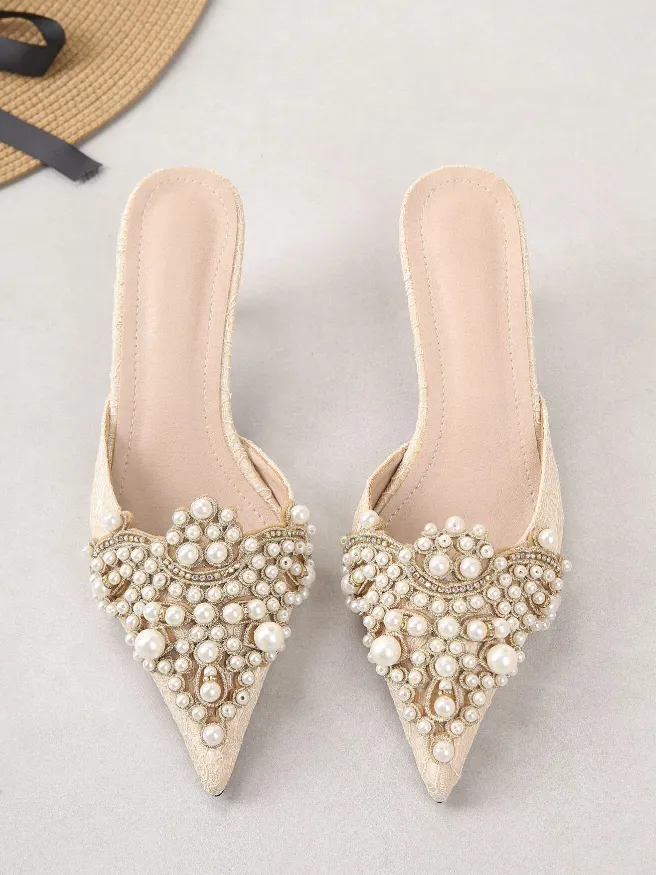 Apricot 'Lots Of Love' Pearl Front Lace Bridal Mule Heels