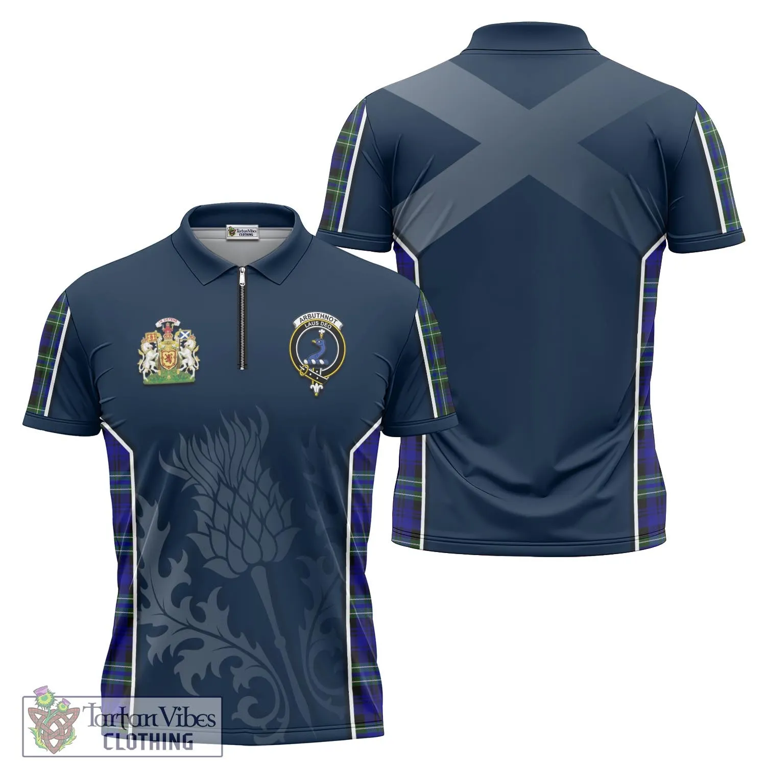 Arbuthnot Modern Tartan Zipper Polo Shirt with Family Crest and Scottish Thistle Vibes Sport Style