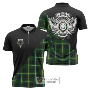 Arthur Modern Tartan Zipper Polo Shirt with Family Crest and Military Logo Style