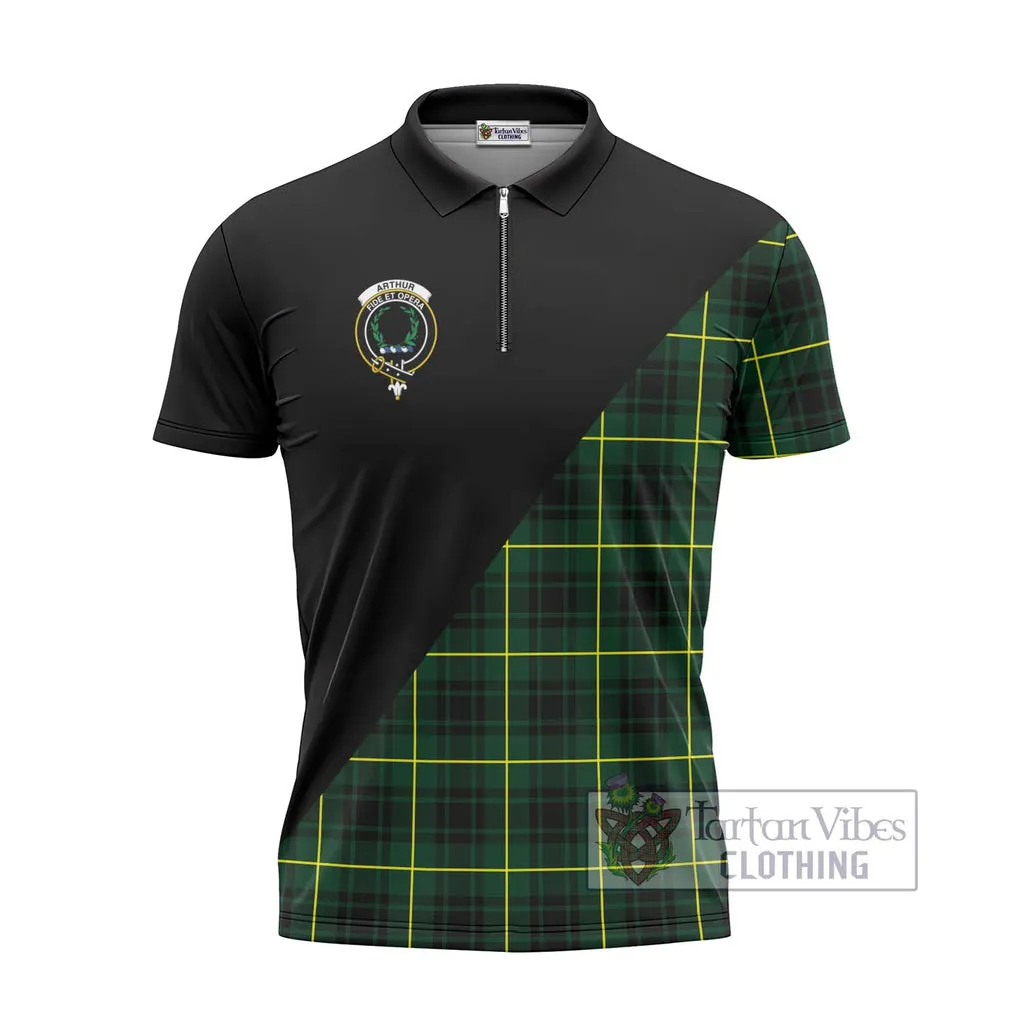 Arthur Modern Tartan Zipper Polo Shirt with Family Crest and Military Logo Style