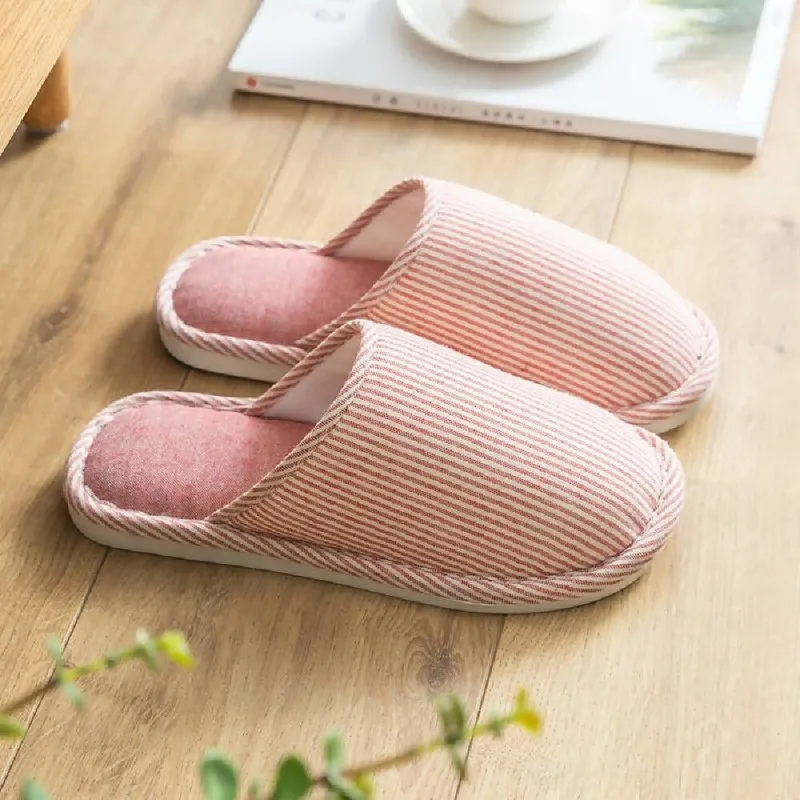 Autumn Winter House Slippers Striped Linen Non-Slip Soft Underside Cotton Slippers, Size: 36-37(Red)