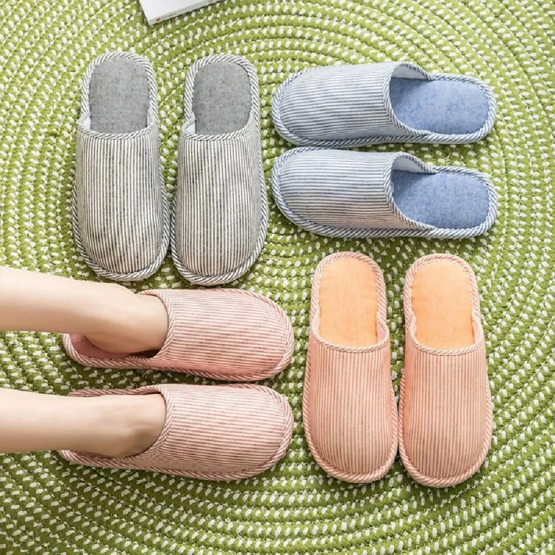 Autumn Winter House Slippers Striped Linen Non-Slip Soft Underside Cotton Slippers, Size: 36-37(Red)