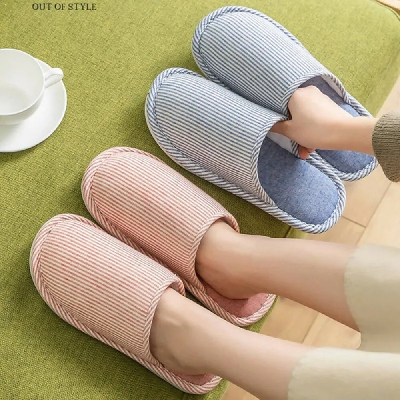 Autumn Winter House Slippers Striped Linen Non-Slip Soft Underside Cotton Slippers, Size: 36-37(Red)