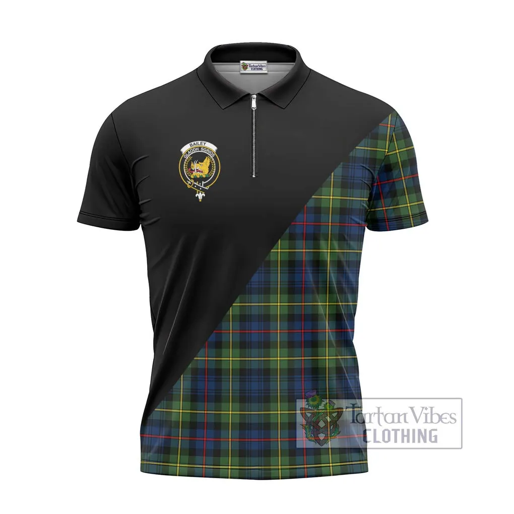 Bailey Modern Tartan Zipper Polo Shirt with Family Crest and Military Logo Style