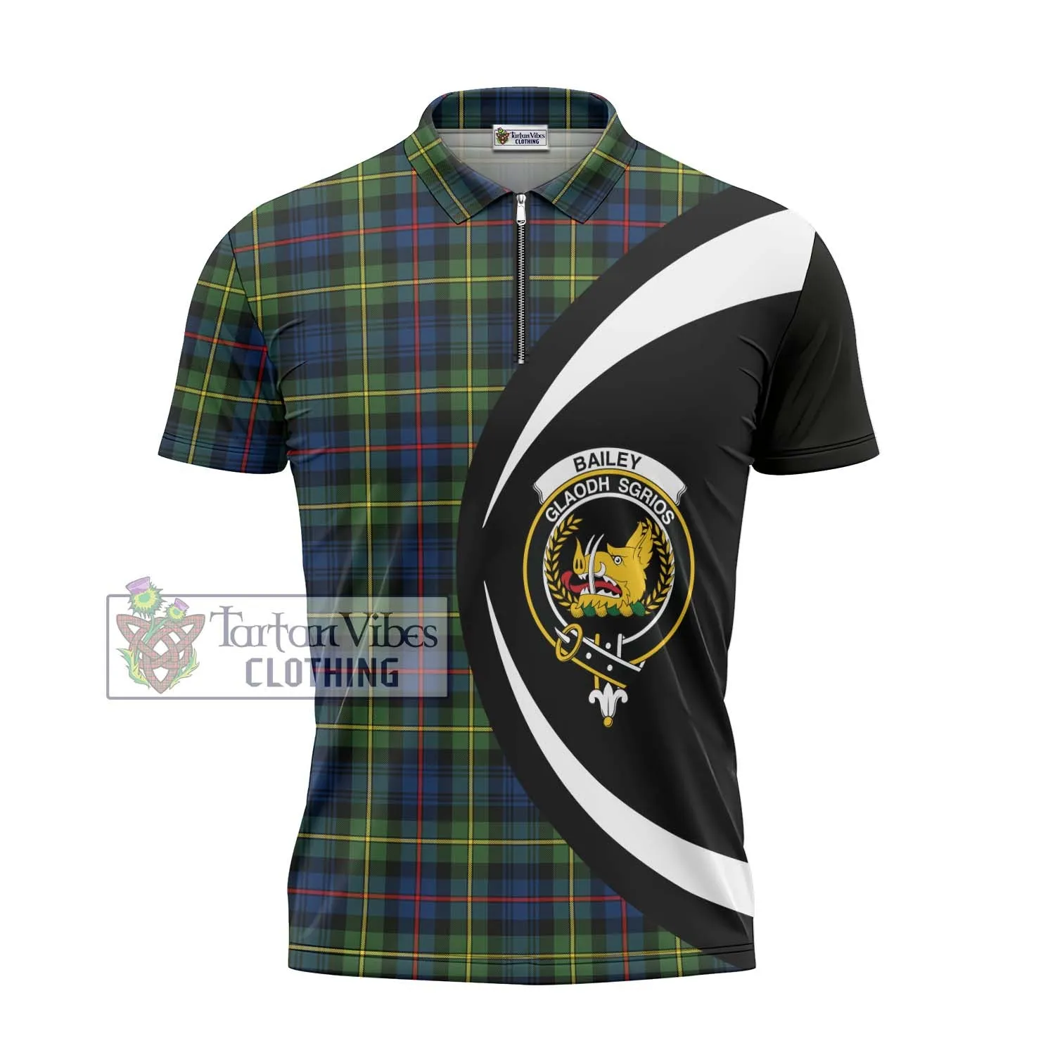 Bailey Modern Tartan Zipper Polo Shirt with Family Crest Circle Style