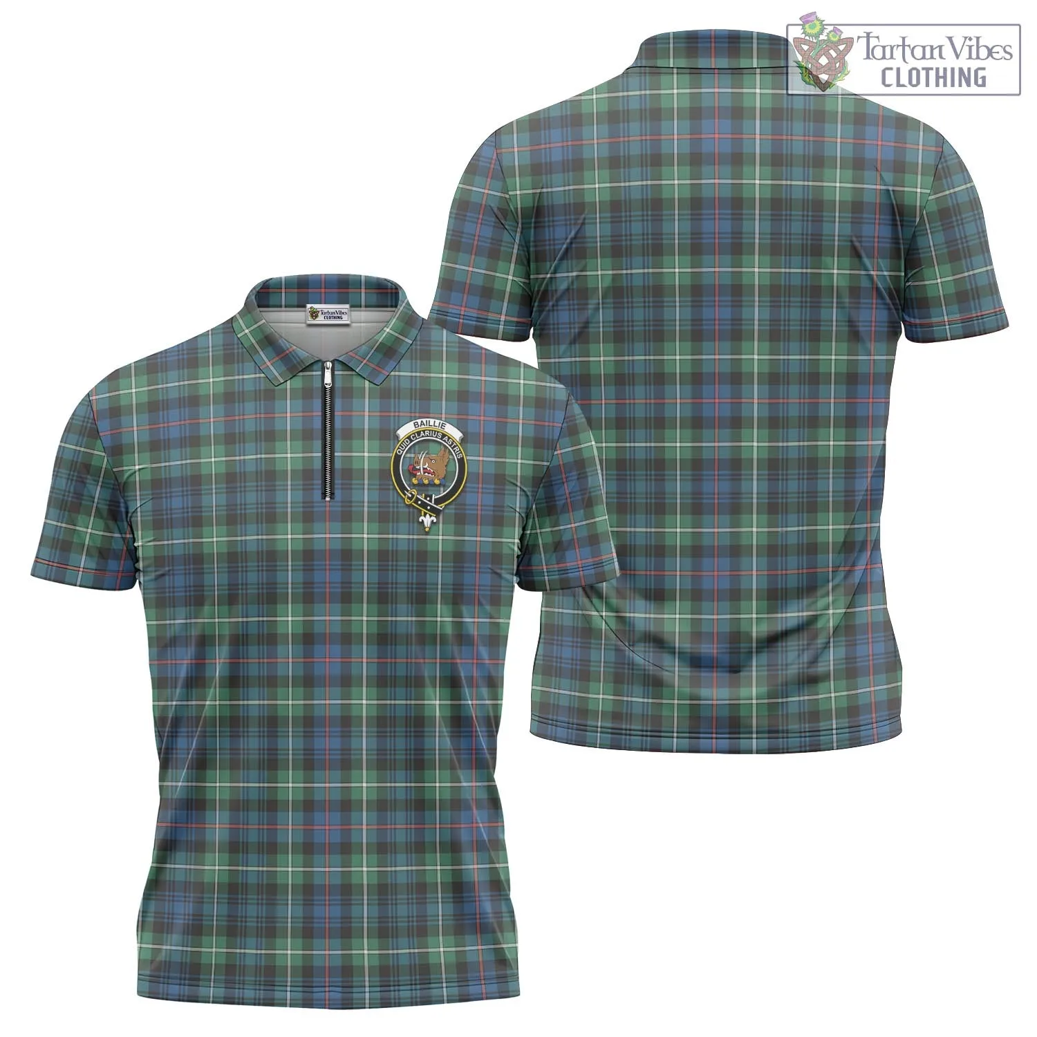 Baillie Ancient Tartan Zipper Polo Shirt with Family Crest