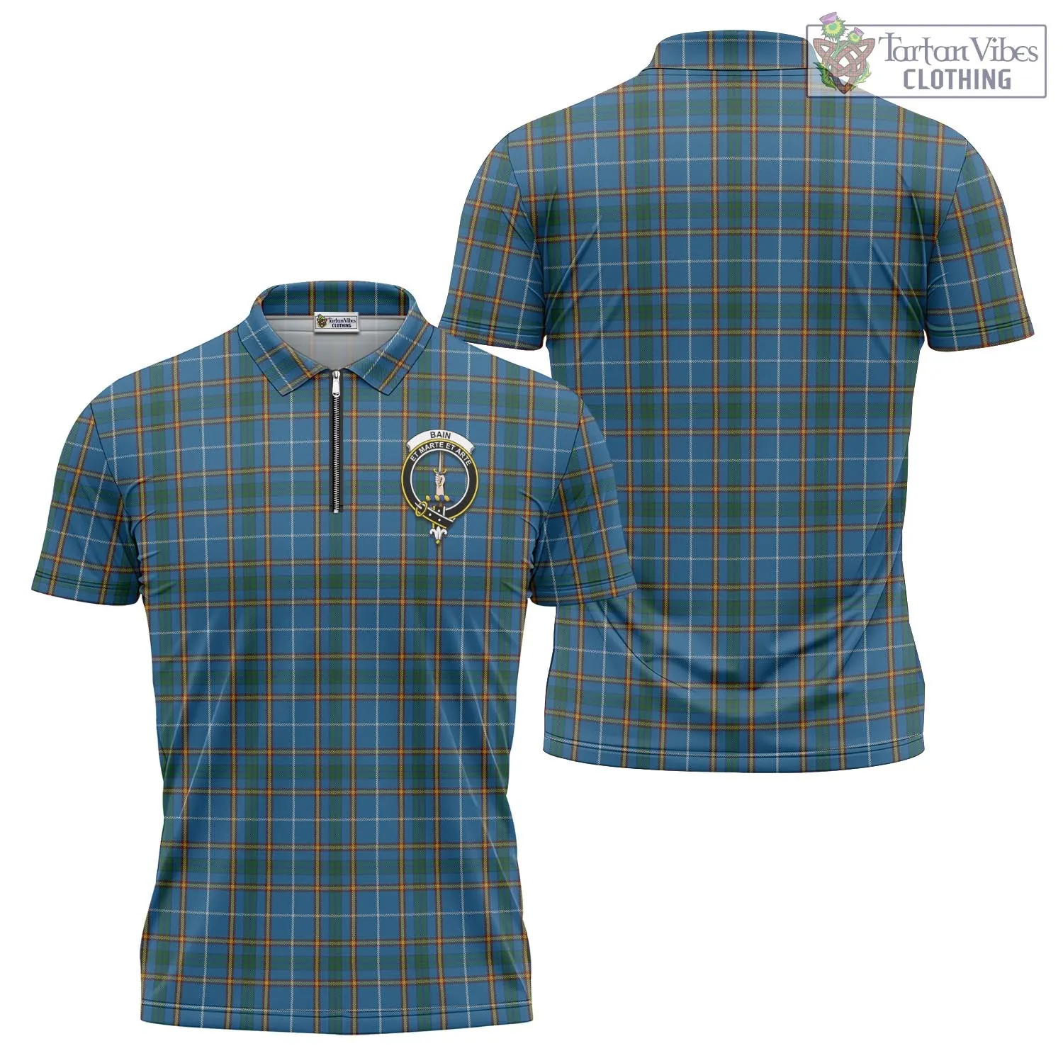 Bain Tartan Zipper Polo Shirt with Family Crest