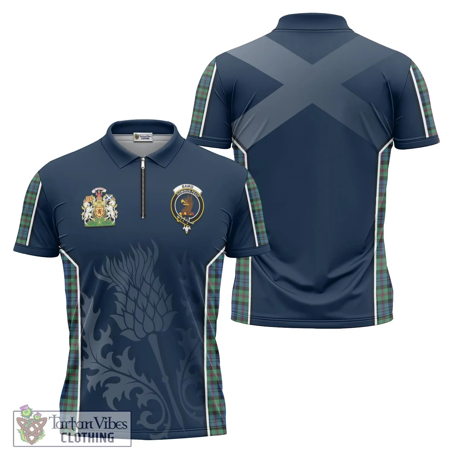 Baird Ancient Tartan Zipper Polo Shirt with Family Crest and Scottish Thistle Vibes Sport Style