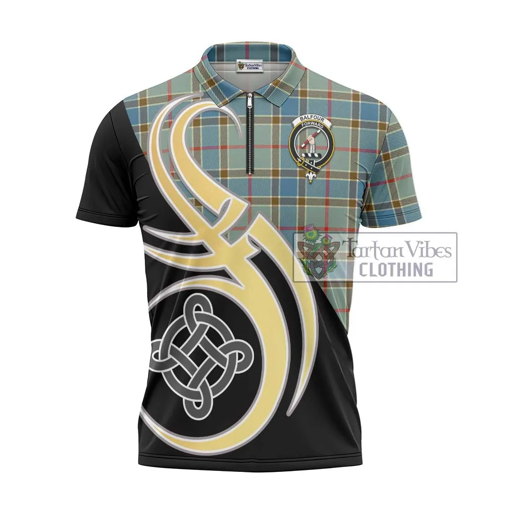 Balfour Blue Tartan Zipper Polo Shirt with Family Crest and Celtic Symbol Style