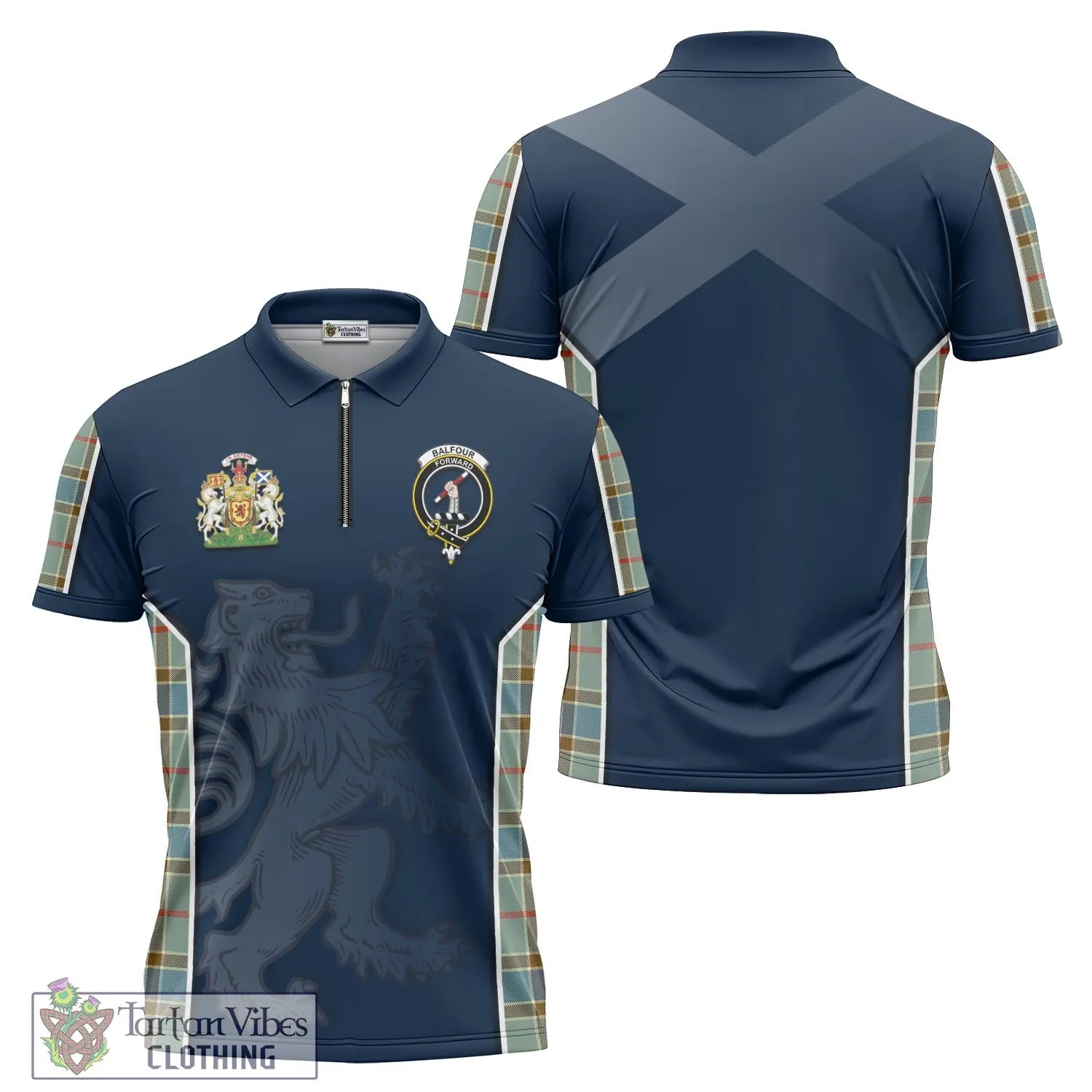 Balfour Blue Tartan Zipper Polo Shirt with Family Crest and Lion Rampant Vibes Sport Style