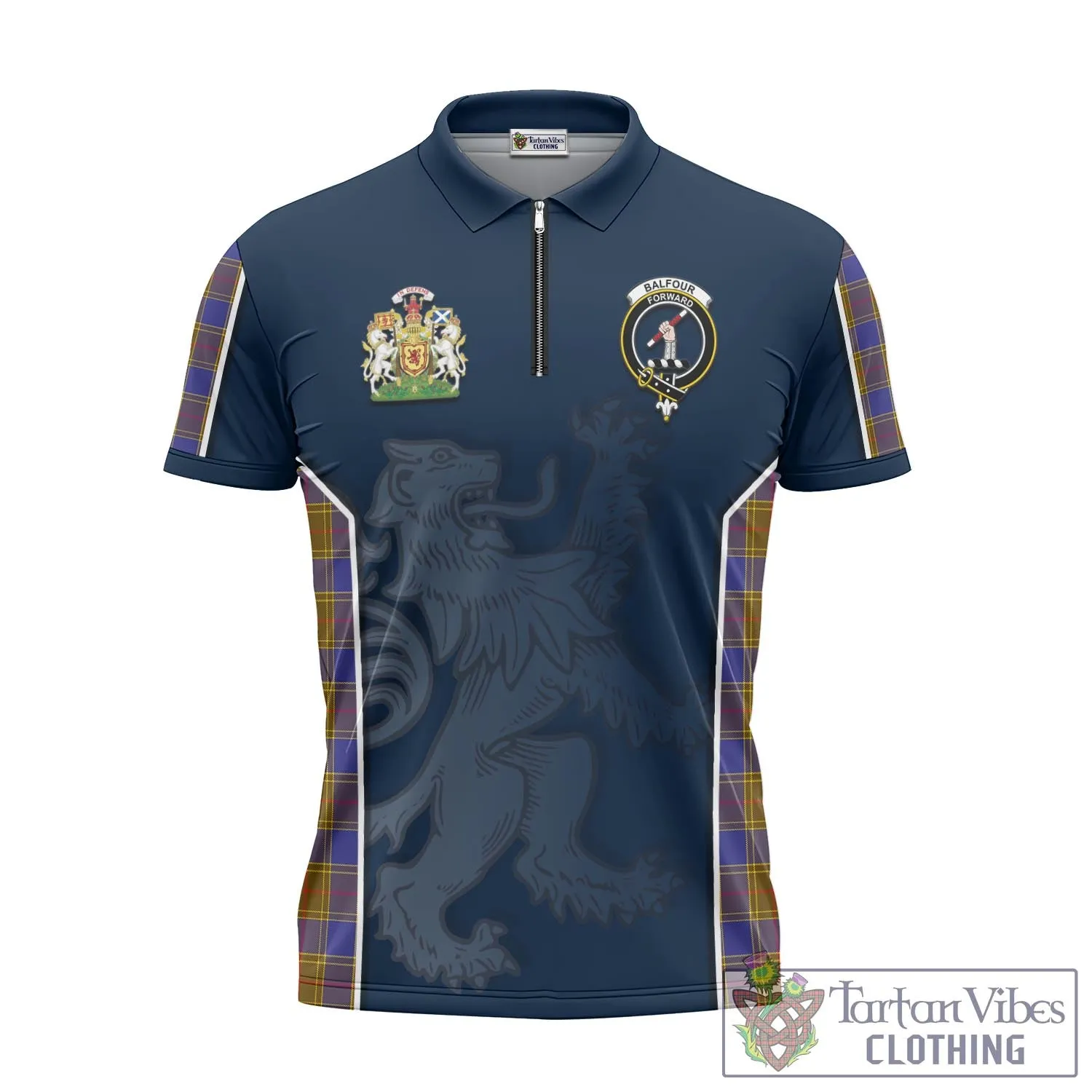 Balfour Tartan Zipper Polo Shirt with Family Crest and Lion Rampant Vibes Sport Style