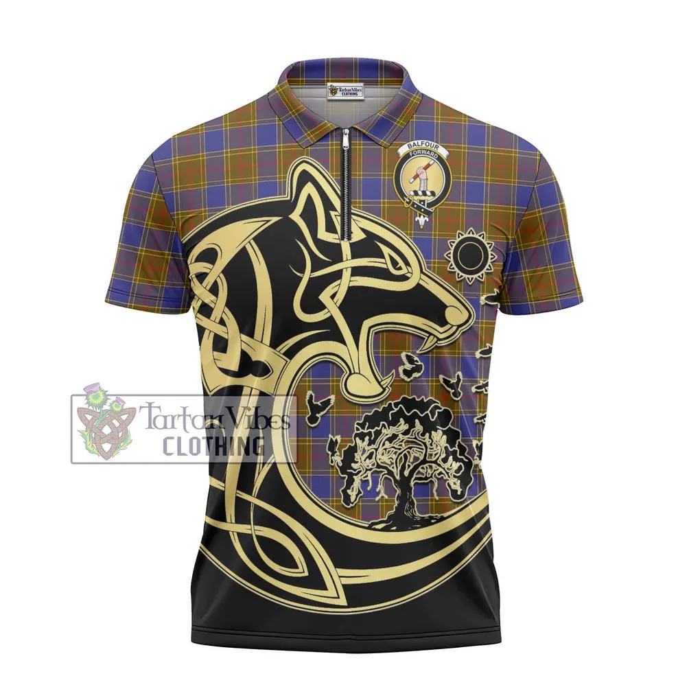 Balfour Tartan Zipper Polo Shirt with Family Crest Celtic Wolf Style