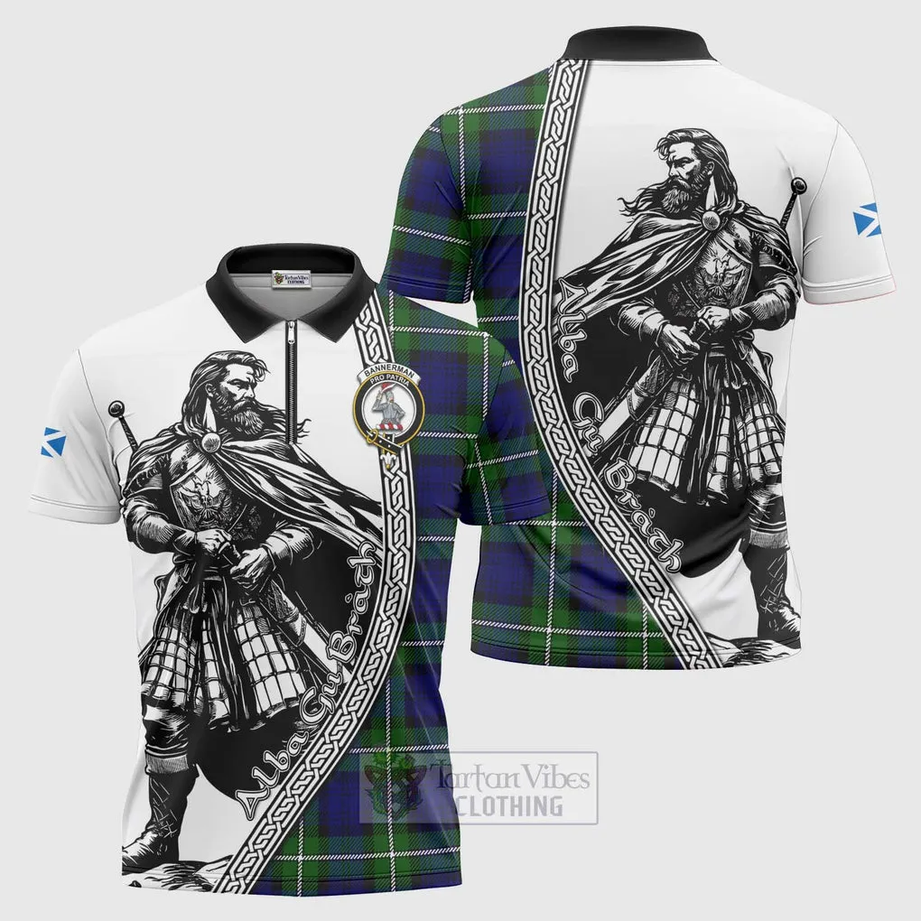 Bannerman Tartan Clan Crest Zipper Polo Shirt with Highlander Warrior Celtic Style