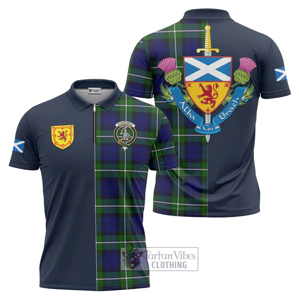 Bannerman Tartan Zipper Polo Shirt Alba with Scottish Lion Royal Arm Half Style