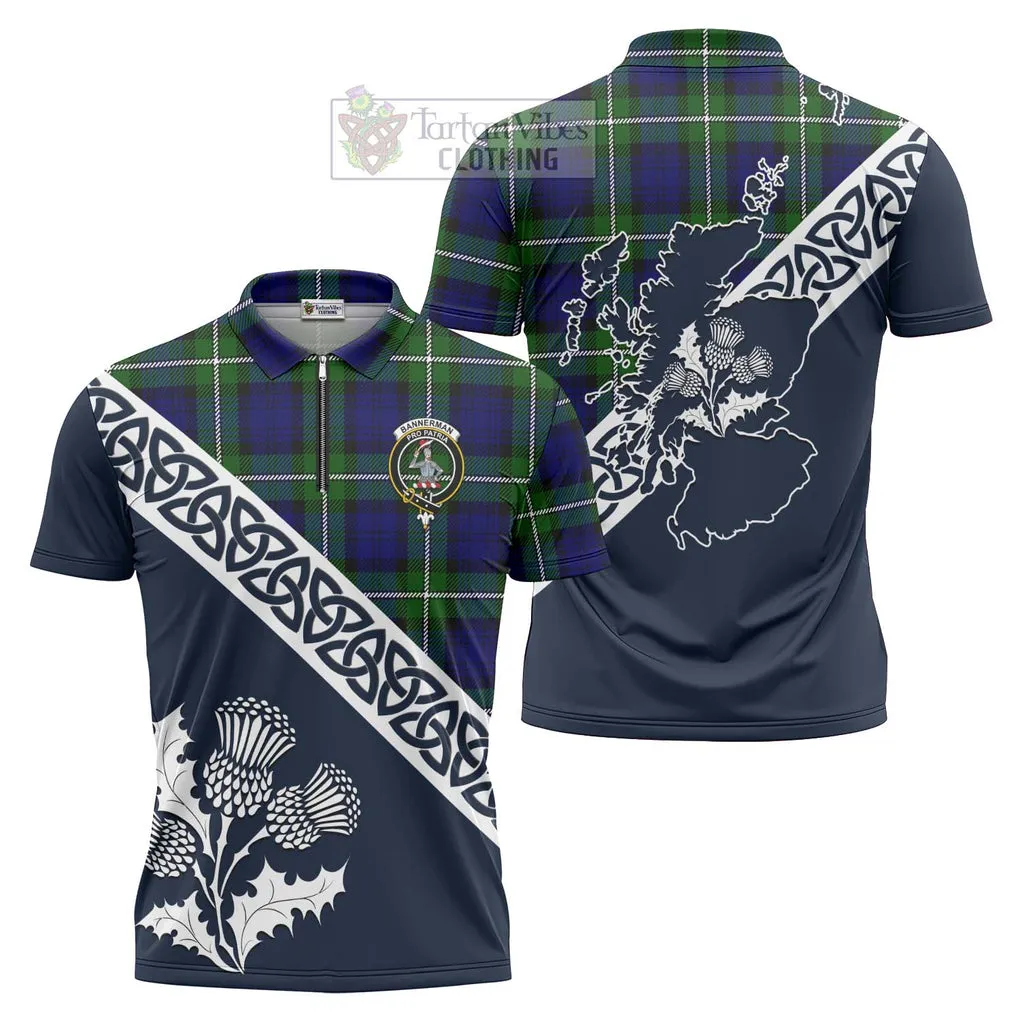 Bannerman Tartan Zipper Polo Shirt Featuring Thistle and Scotland Map