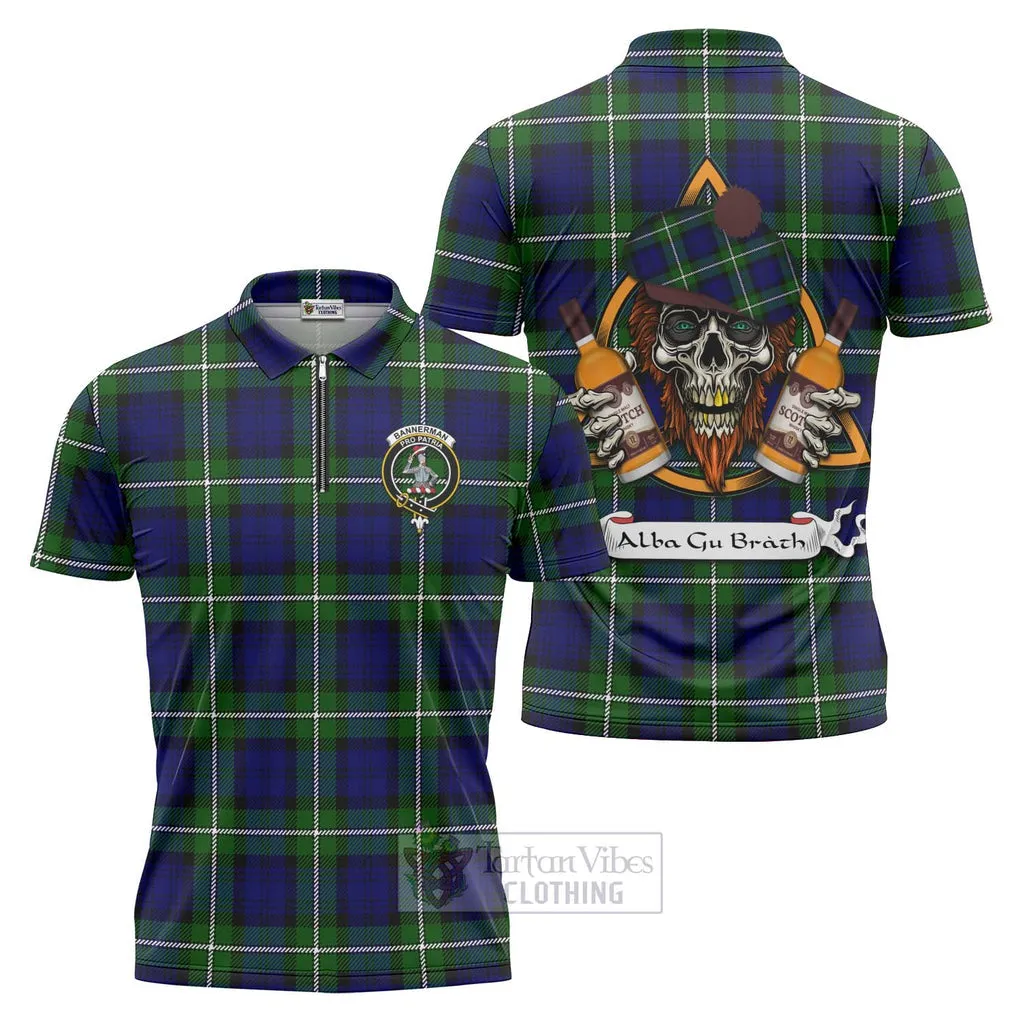 Bannerman Tartan Zipper Polo Shirt with Family Crest and Bearded Skull Holding Bottles of Whiskey