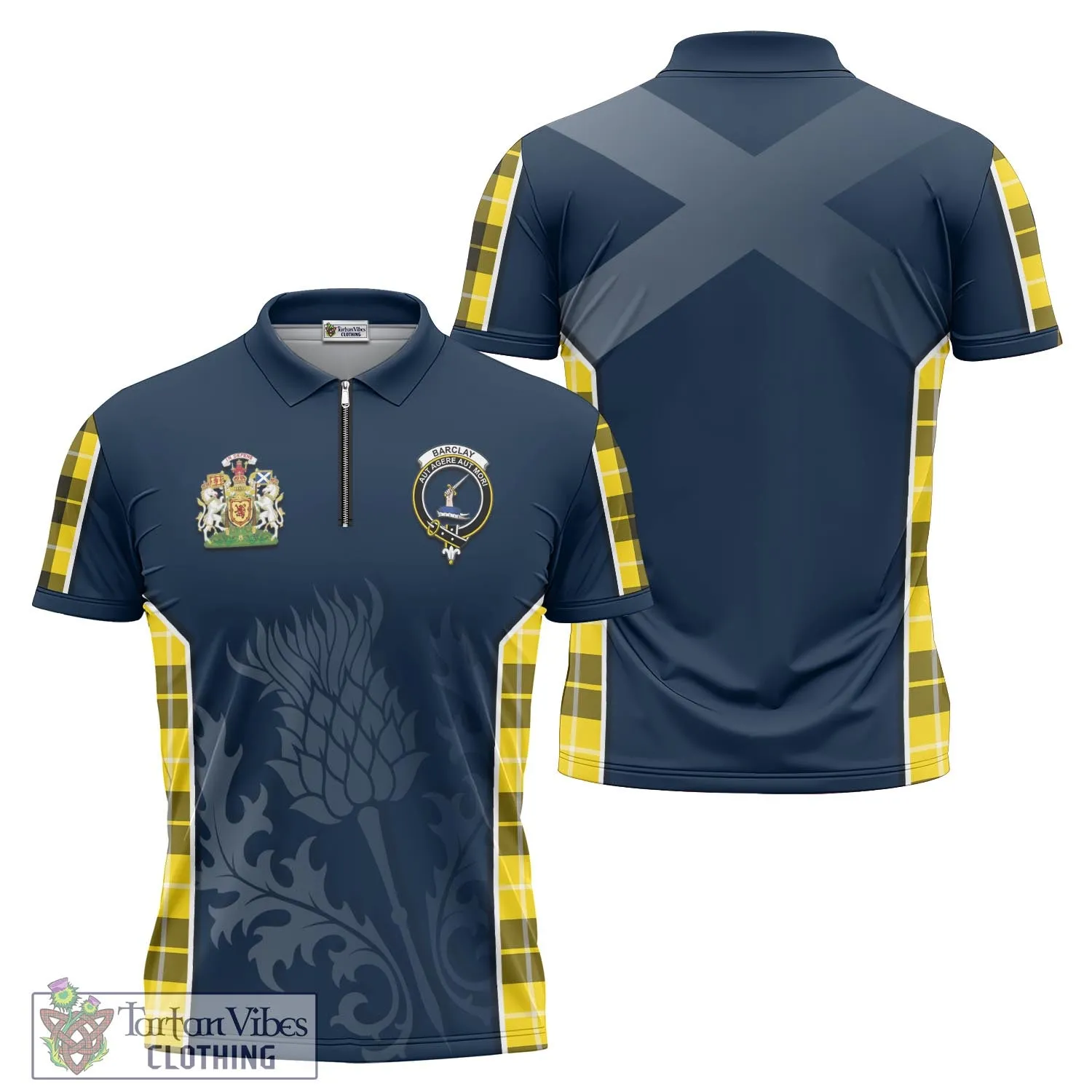 Barclay Dress Modern Tartan Zipper Polo Shirt with Family Crest and Scottish Thistle Vibes Sport Style