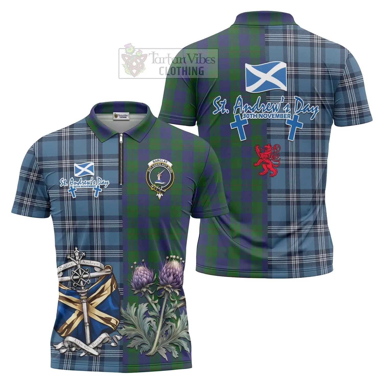 Barclay Tartan Zipper Polo Shirt Happy St. Andrew's Day Half Tartan Style