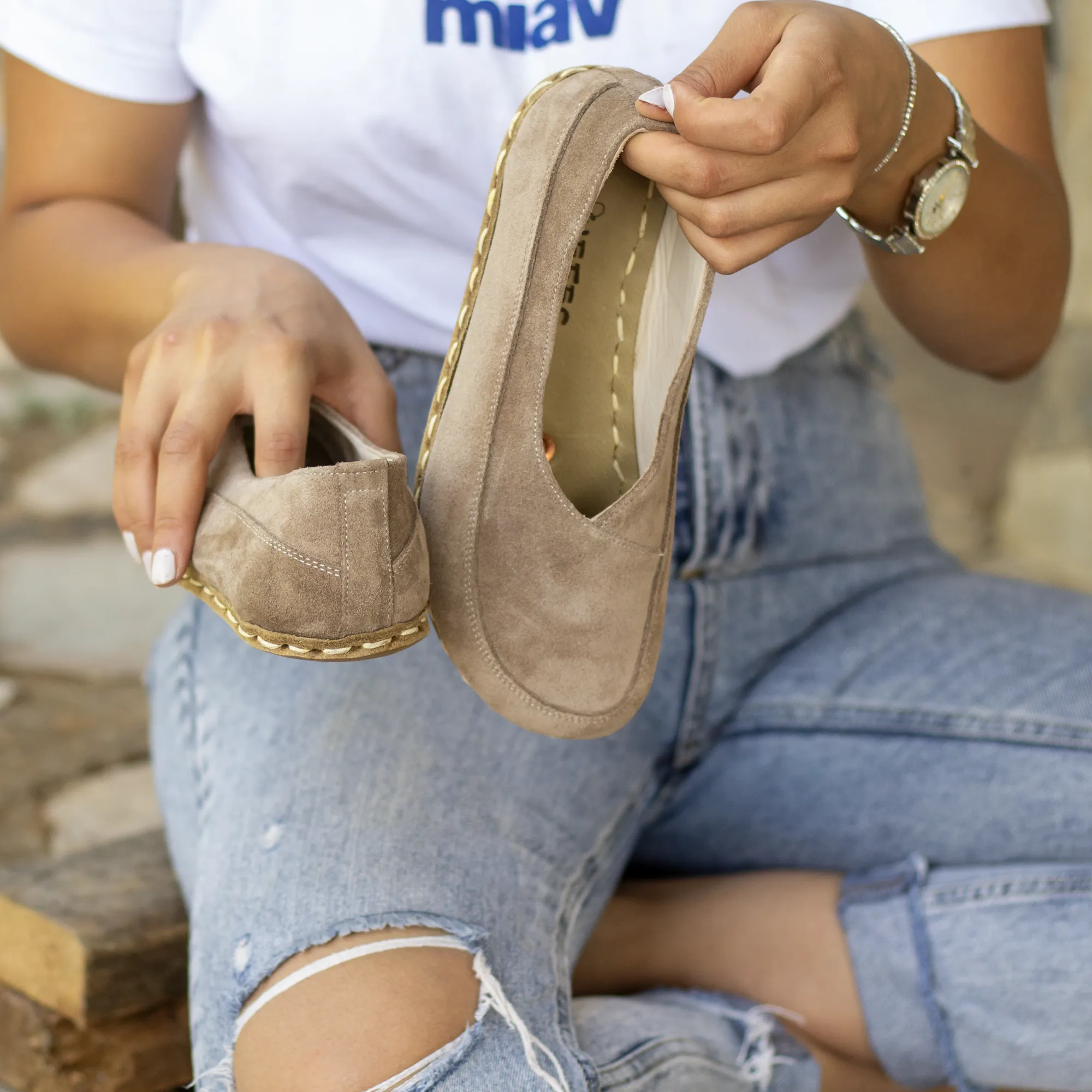 Barefoot Loafers for Women, Handmade Milky Brown Suede