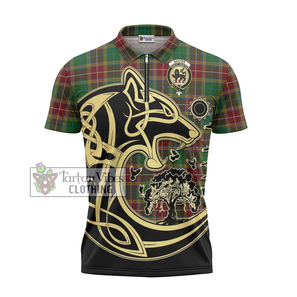 Baxter Tartan Zipper Polo Shirt with Family Crest Celtic Wolf Style