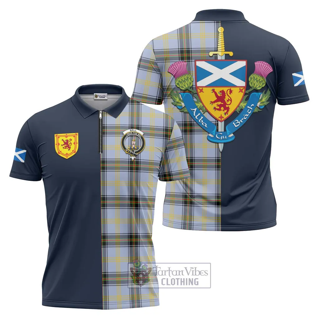 Bell of the Borders Tartan Zipper Polo Shirt Alba with Scottish Lion Royal Arm Half Style