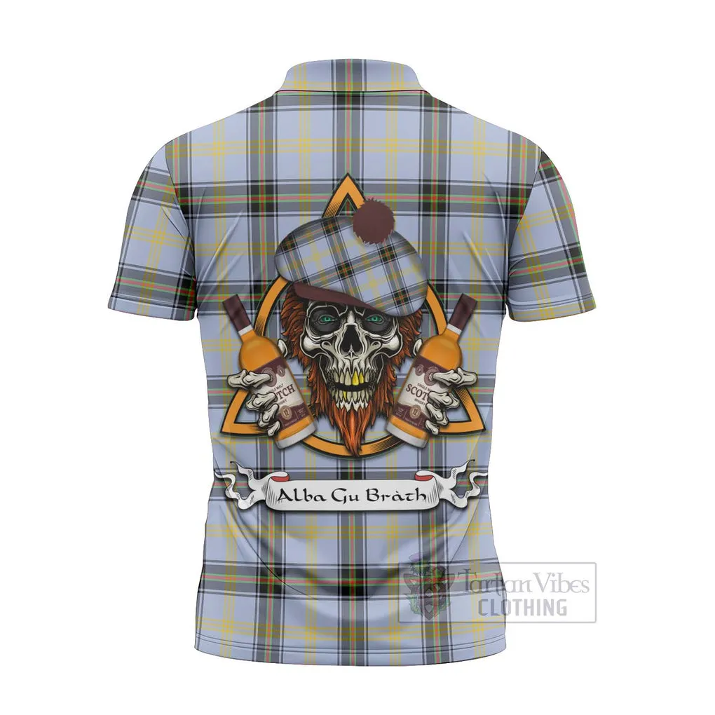 Bell Tartan Zipper Polo Shirt with Family Crest and Bearded Skull Holding Bottles of Whiskey