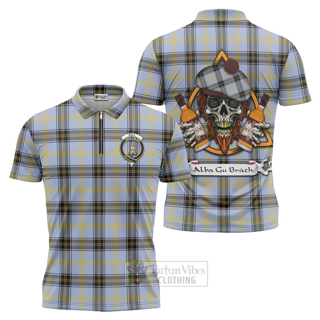 Bell Tartan Zipper Polo Shirt with Family Crest and Bearded Skull Holding Bottles of Whiskey