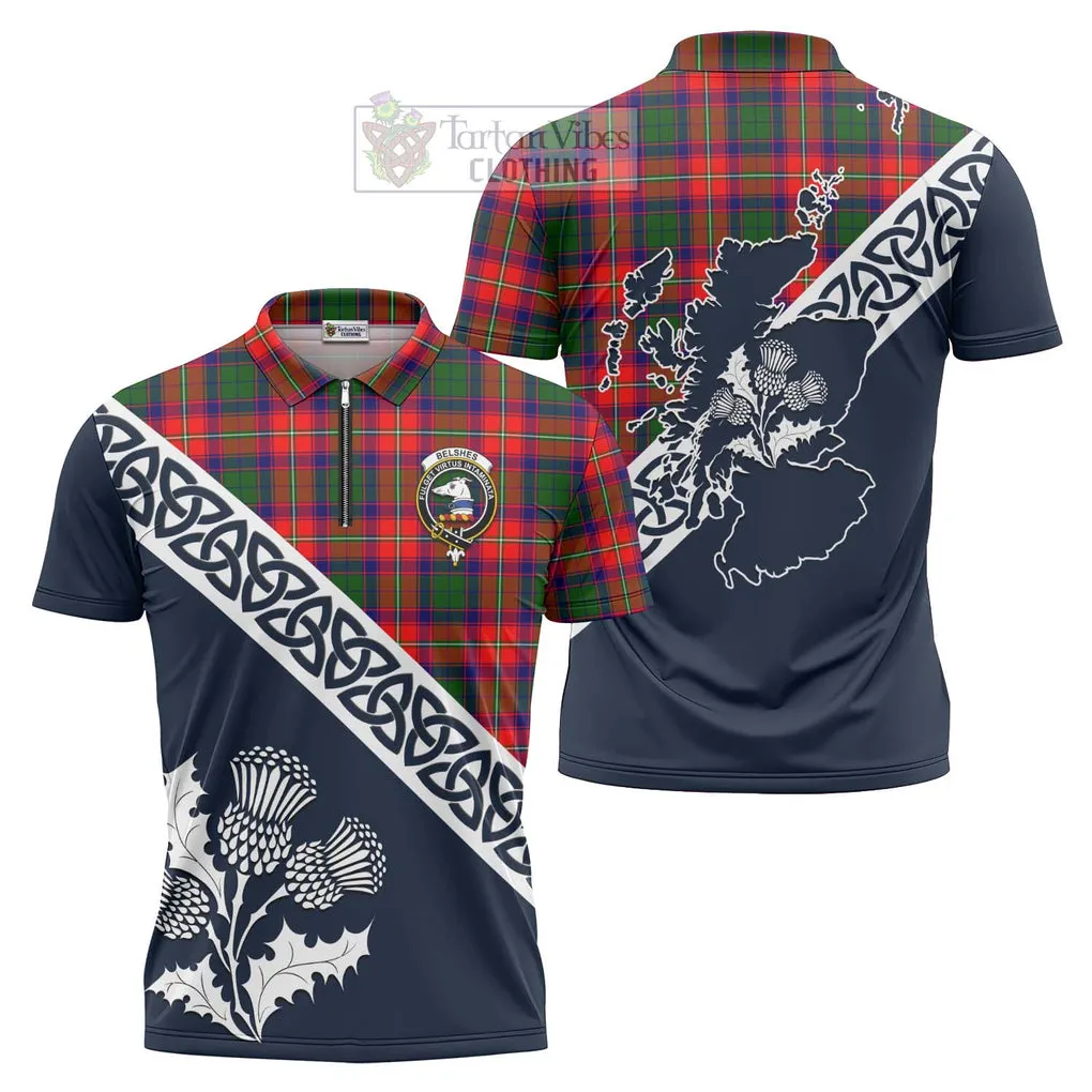 Belshes (Belsches) Tartan Zipper Polo Shirt Featuring Thistle and Scotland Map