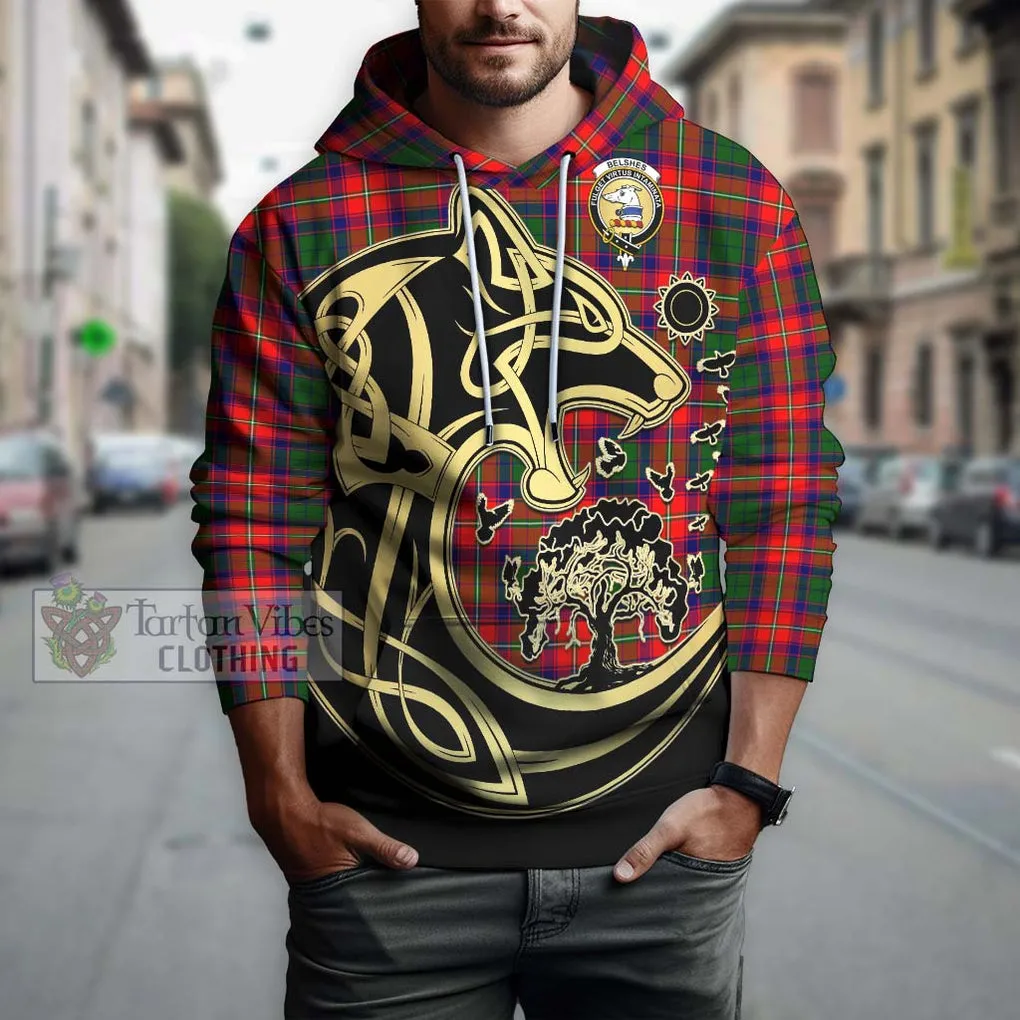 Belshes Tartan Hoodie with Family Crest Celtic Wolf Style