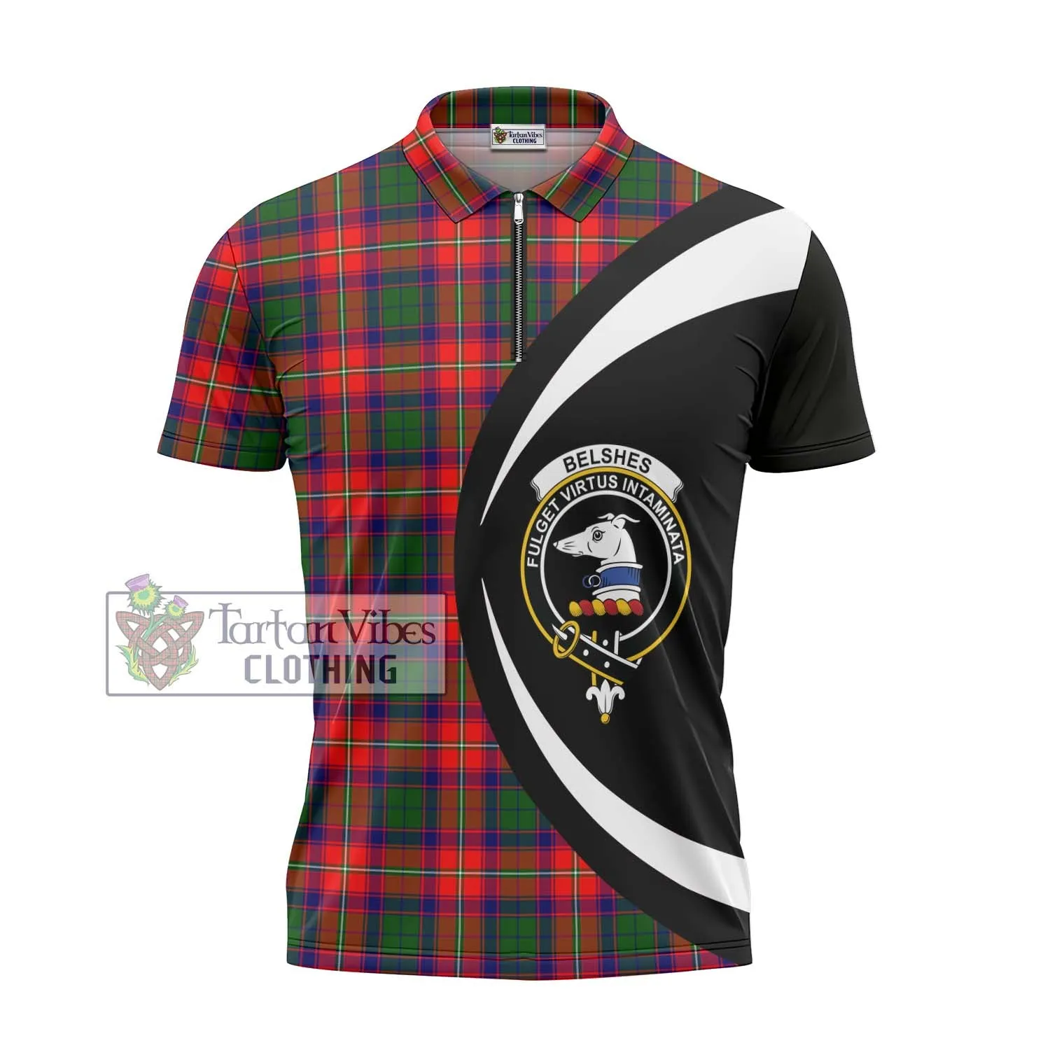 Belshes Tartan Zipper Polo Shirt with Family Crest Circle Style