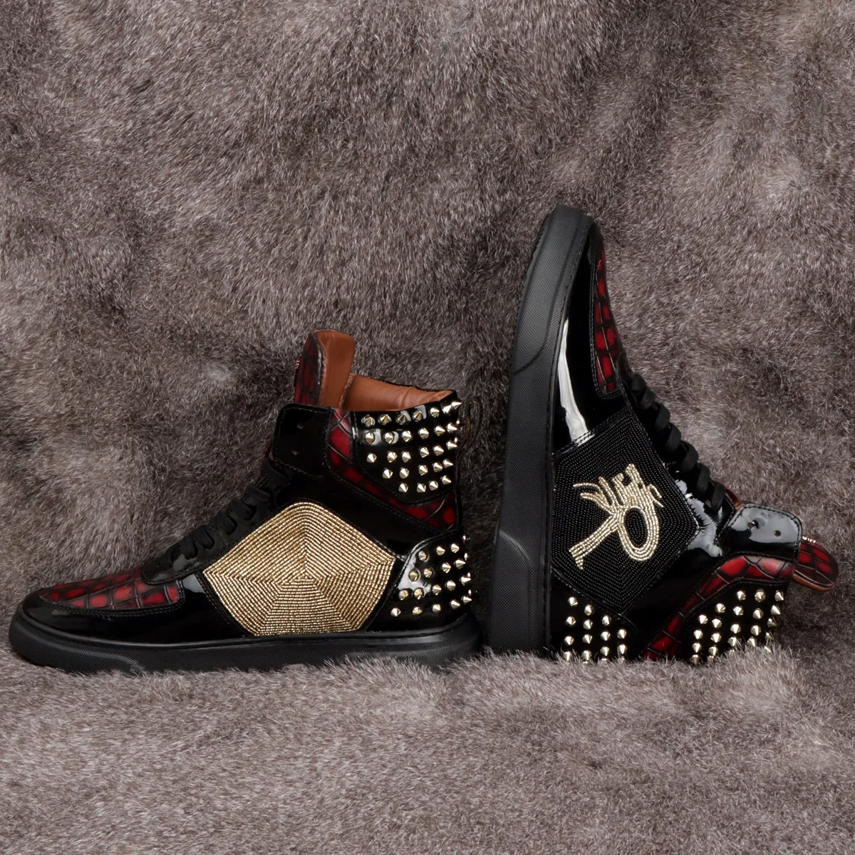 Bespoke Black and Wine Beads Zardosi Black Studded Leather Sneakers by Brune & Bareskin