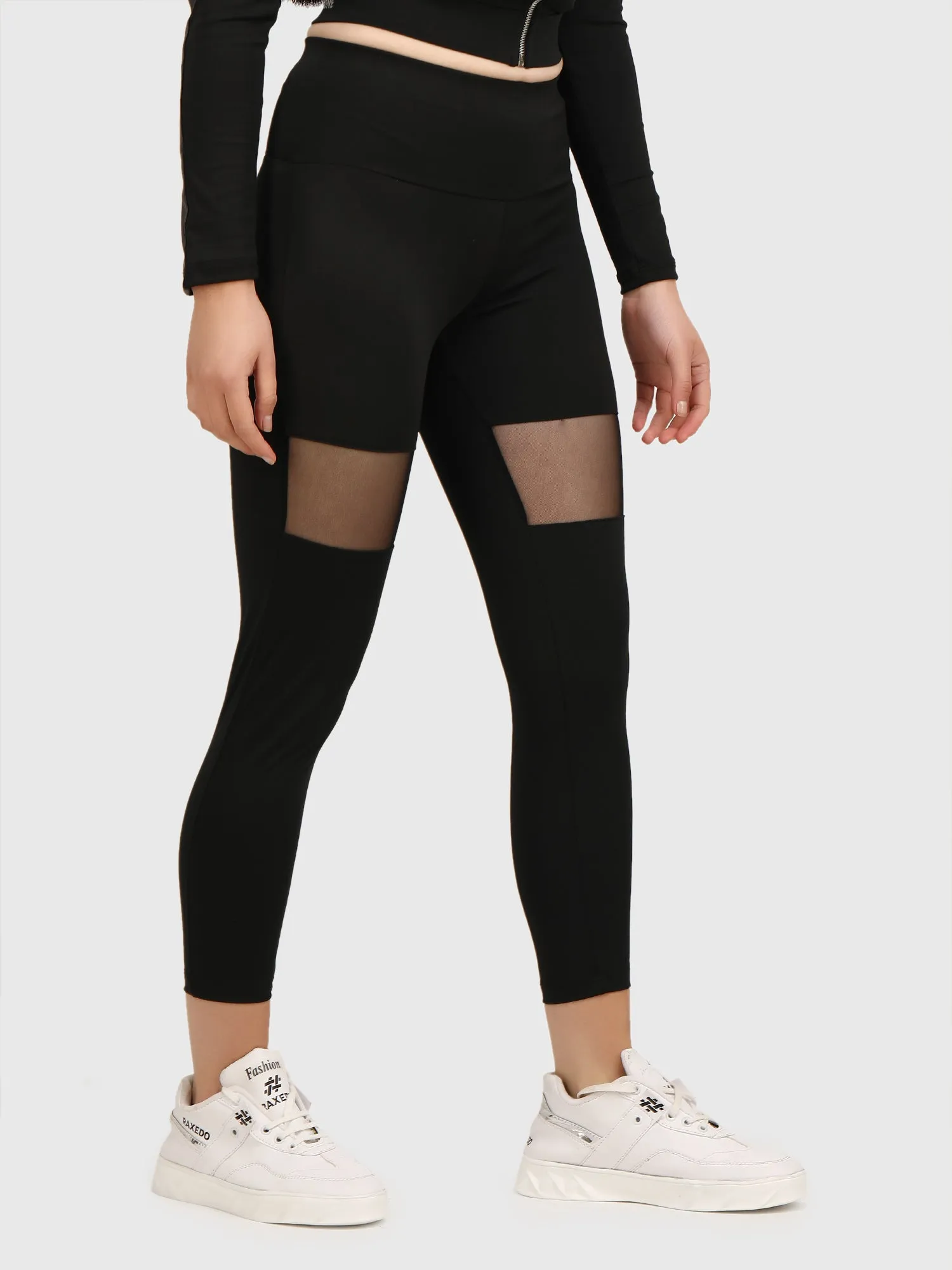 Black Mid-Waisted Mesh Jeggings for Women