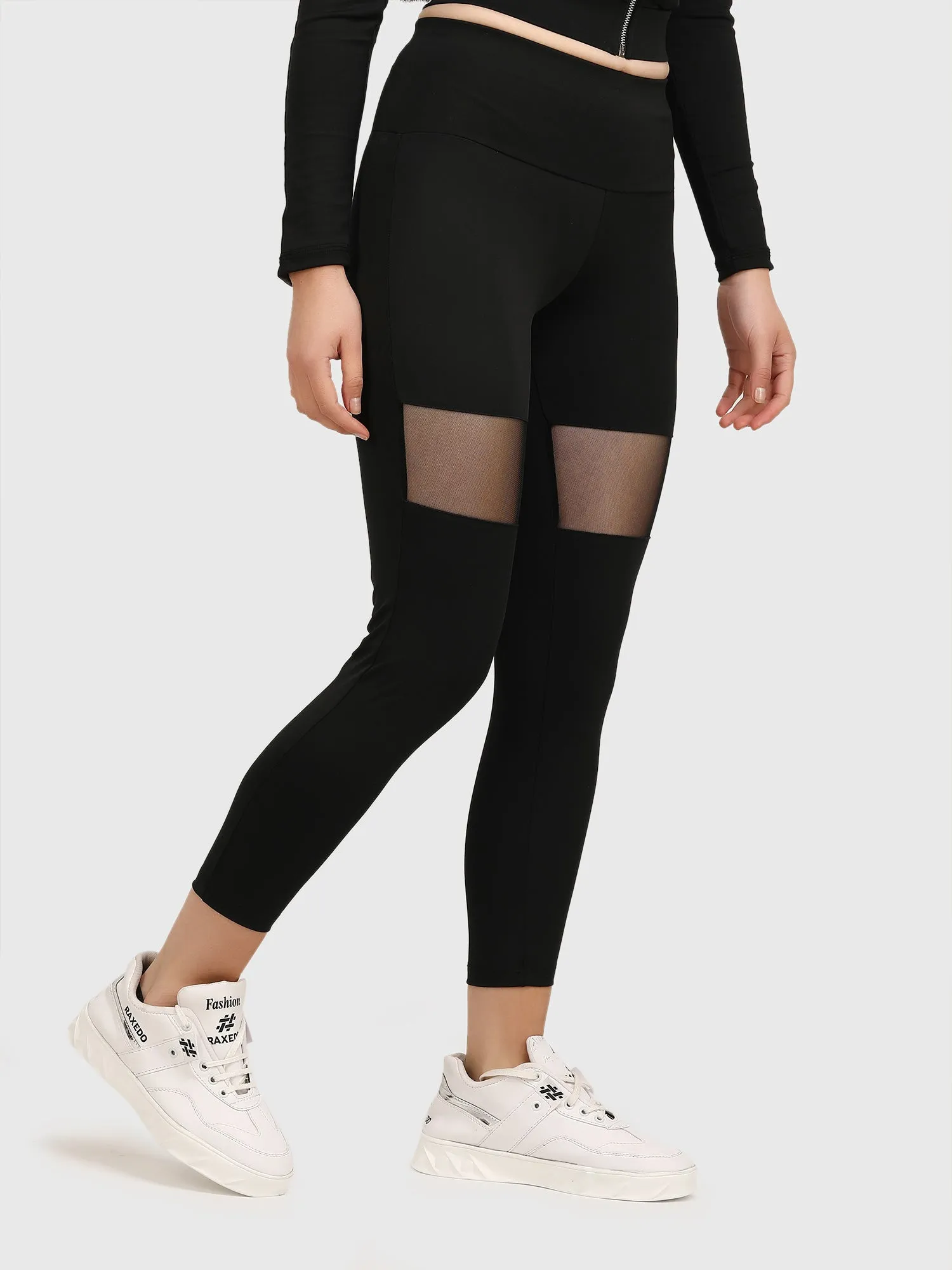 Black Mid-Waisted Mesh Jeggings for Women