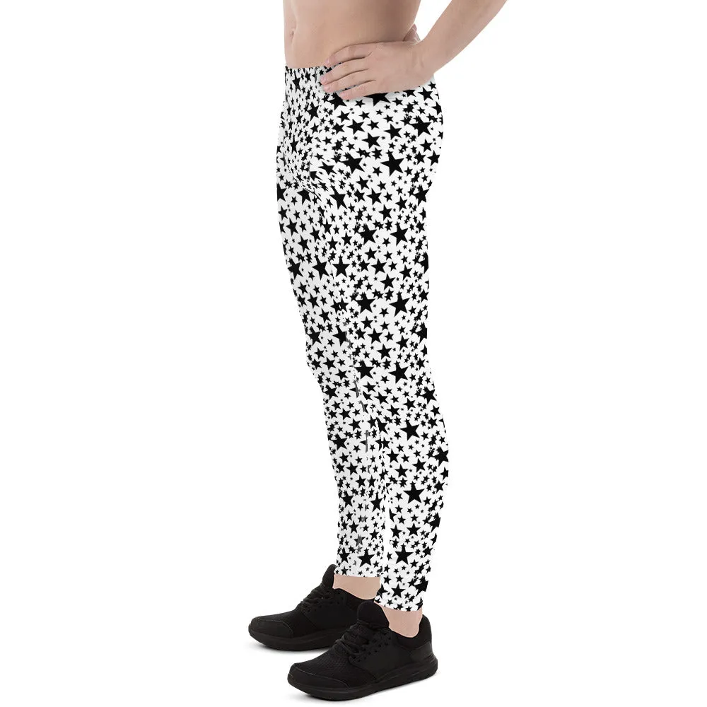 Black Star Meggings, White Star Pattern Men's Leggings Athletic Tights- Made in USA/EU