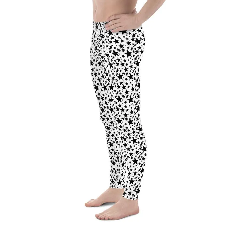 Black Star Meggings, White Star Pattern Men's Leggings Athletic Tights- Made in USA/EU